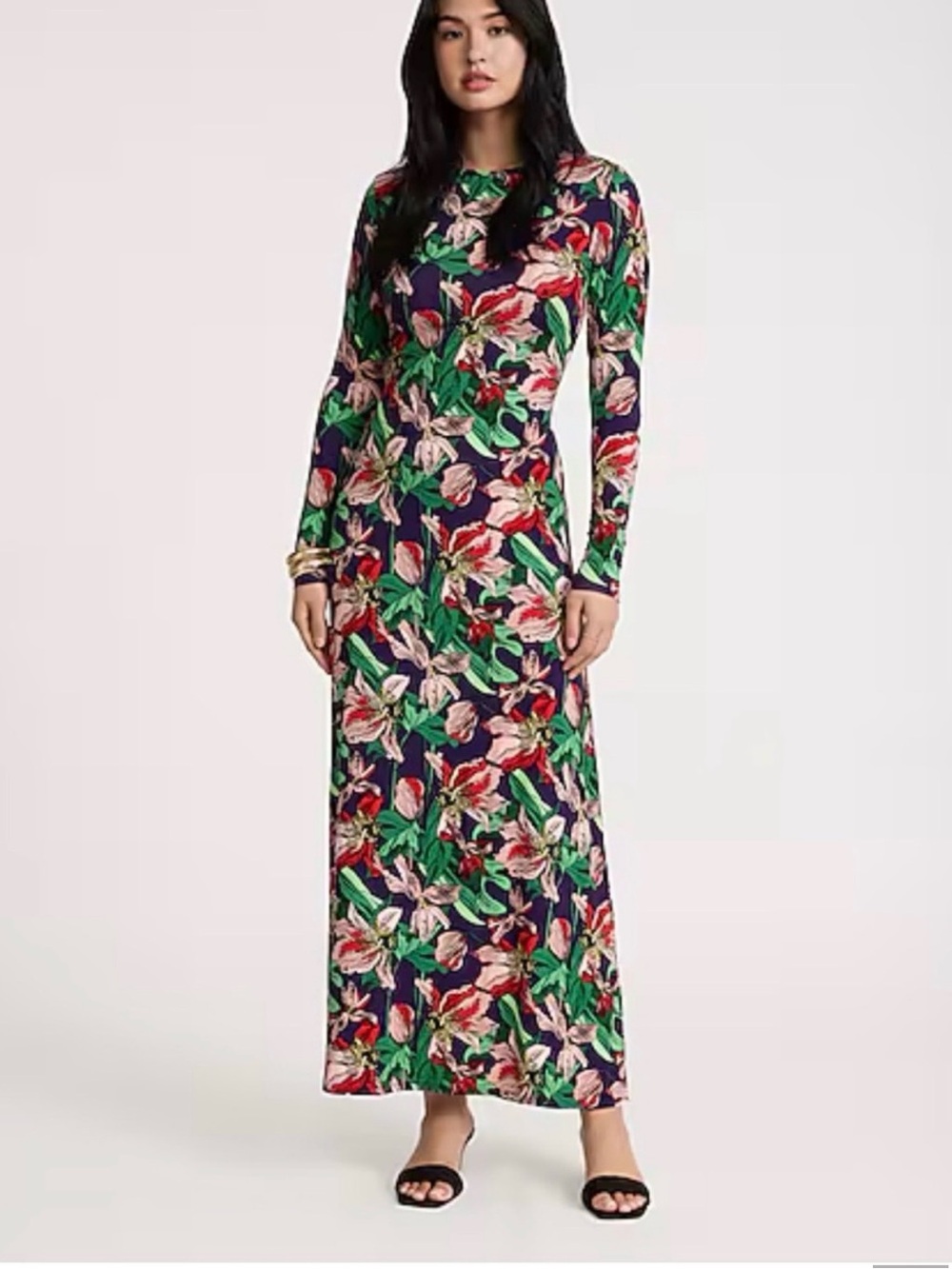 Express Floral Long Sleeve Maxi Dress - Navy Green Pink Floral